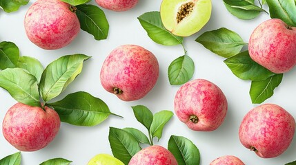 Fresh Red Apples and Yellow Peaches with Green Leaves Arranged on Light Background