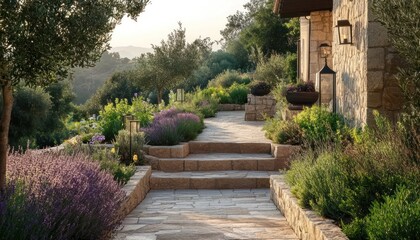 A winding stone path leads to a Greek house with olive trees 1. Generative AI