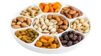 Assortment of nuts and dried fruits in a white segmented tray isolated on a transparent background