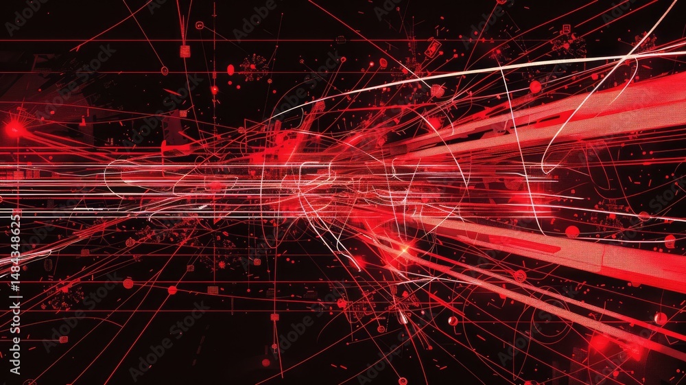 Poster abstract red circuit board pattern with glowing lights on dark background. the red hues and light ef