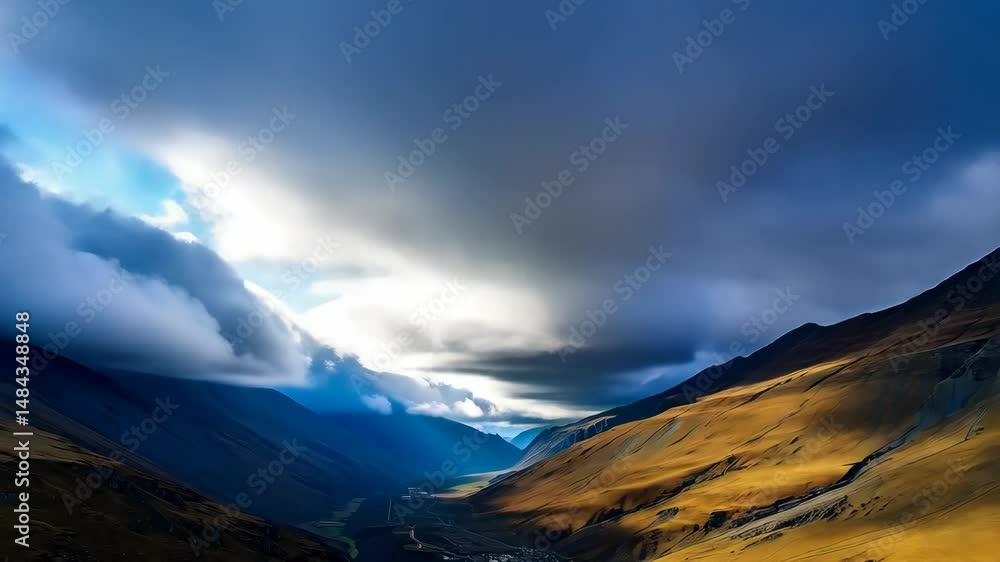 Poster dramatic mountains under storm clouds with light rays shining through, creating a scenic and atmosph