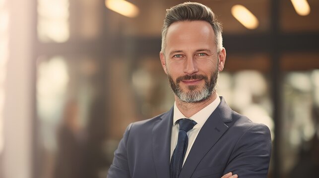 Confident business professional in formal attire, embodying leadership and professionalism in a corporate environment