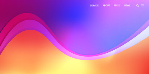 Website landing page template in glassmorphism style. Horizontal Website screen with glass overlay effect isolated on abstract background with liquid gradient shapes. eps 10