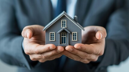 A man in a suit holding a small model house in his hands.