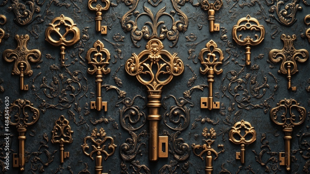 Poster ornate collection of vintage keys against a decorative dark background with intricate patterns and d
