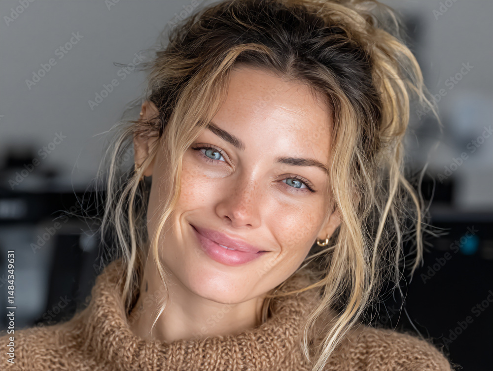 Poster bright and positive close-up photograph of a photographer smiling while editing photos on a computer