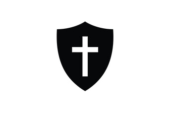 Obraz premium Shield of faith silhouette. This image is a black silhouette of a shield with a white cross, a symbol often associated with Christian faith and spiritual protection. clipart illustration design.