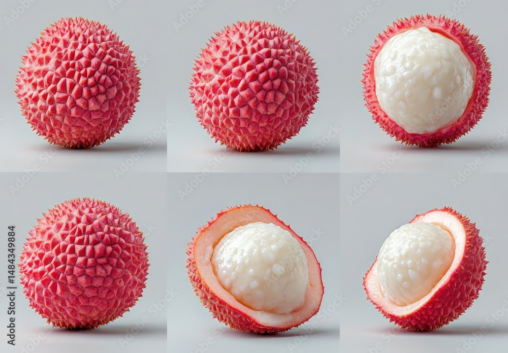 Poster fresh lychee fruit collection on gray background showing different perspectives and cross-sections f