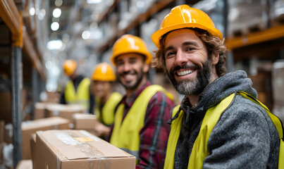 A team of workers is moving goods, happily enjoying the pleasure brought by work. Business, workers, moving, shelves, cartons, advertisements, backgrounds, base pictures, wallpapers