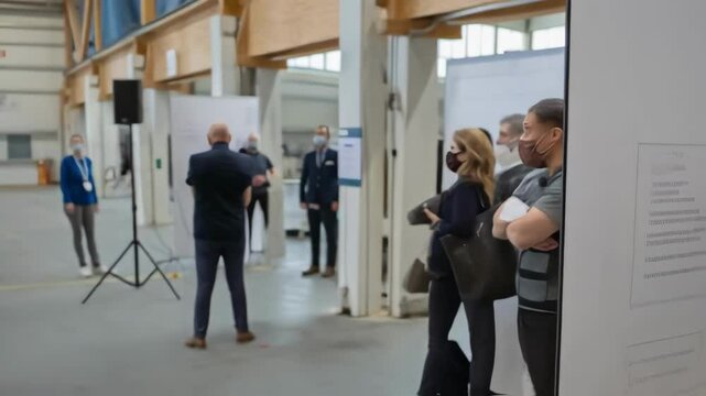 A diverse group of event attendees wearing masks while a monitoring station in the background displays visual alerts indicating social distancing violations detected by AI technology.