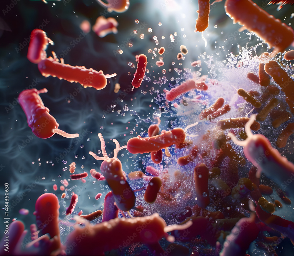 Aufkleber explosive microscopic scene with red organic forms and bursting particles
