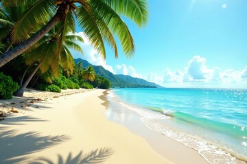 Obraz premium Golden sand, clear blue water, bright sunshine on a tropical beach , sunny, shoreline, clouds