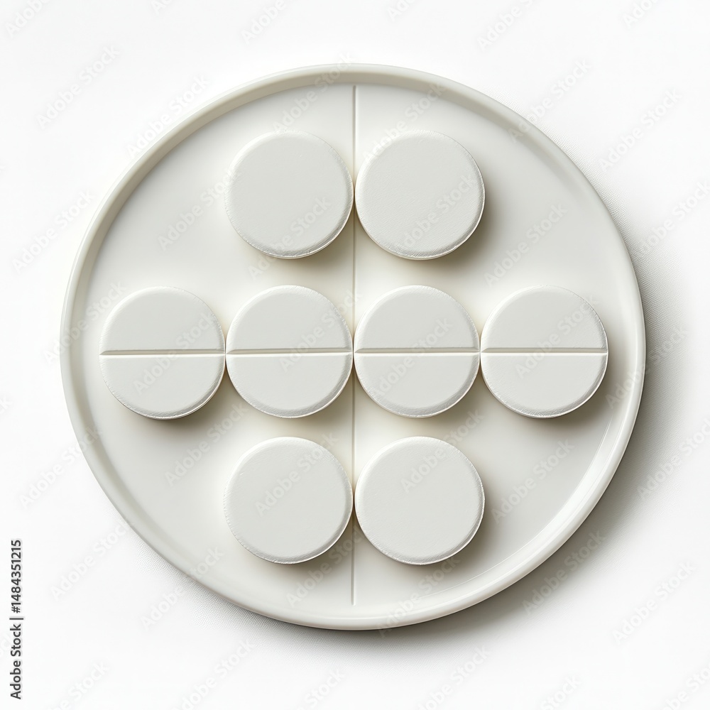 Poster minimalist white dish with round and semi-circular discs arranged in a geometric pattern on a plain 