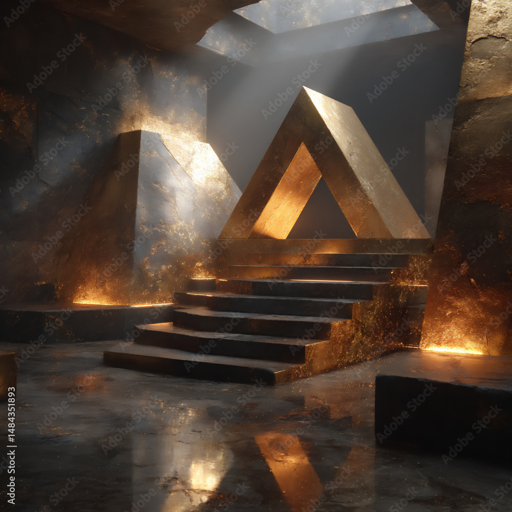 Poster lavish 3d rendering of a stage backdrop featuring golden geometric shapes and dynamic amber spotligh