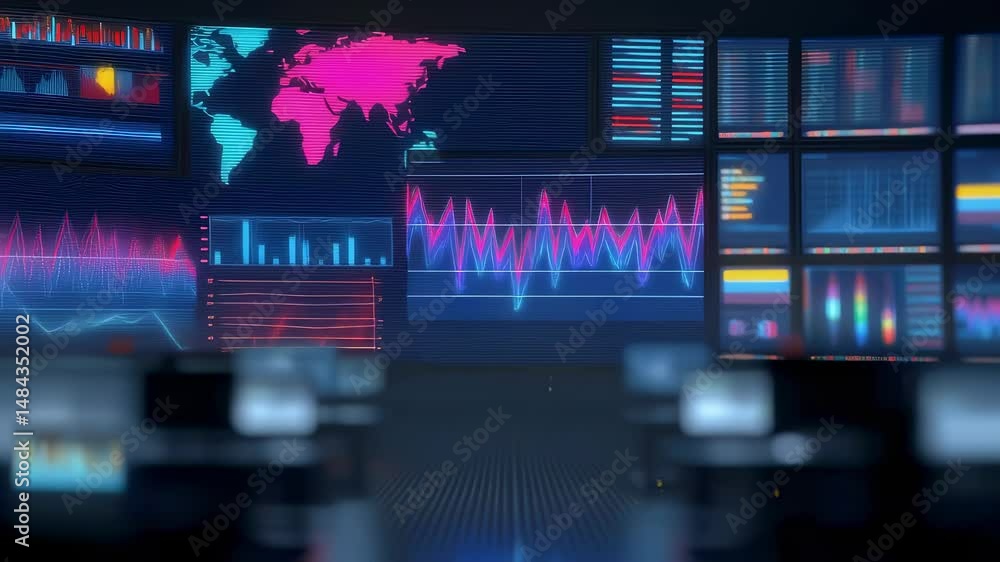 Aufkleber multiple screens display dynamic graphs, charts, and a world map, visualizing real time data analysi