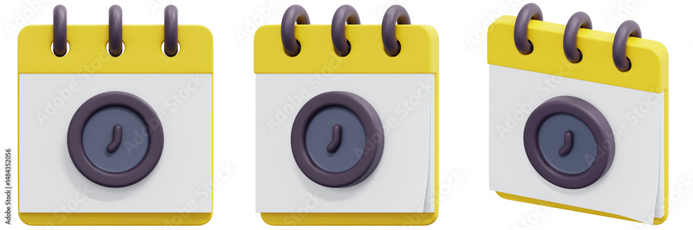 Poster set of yellow calendar icon with embedded clock 3d render icon illustration