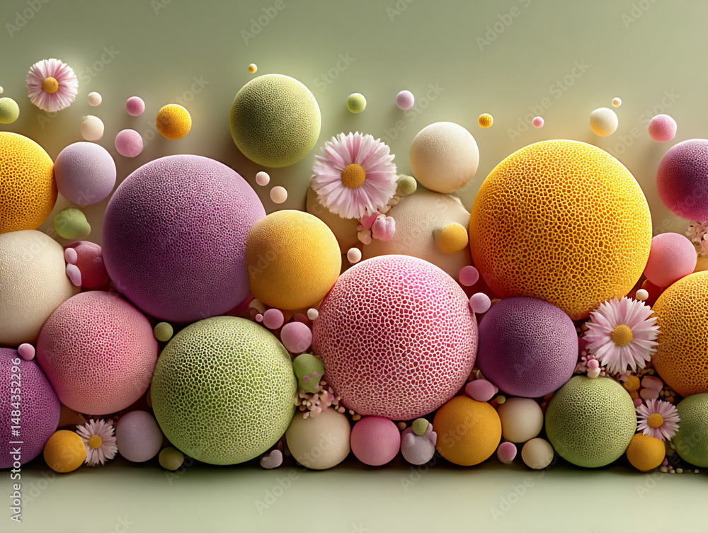 Poster modern and abstract 3d rendering illustration showcasing a collection of pastel-colored spheres of v