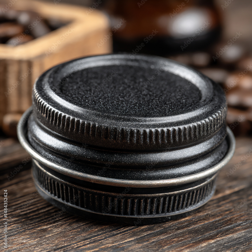 Aufkleber sharp and sophisticated product close-up photograph of a black matte circular lid with a subtle text