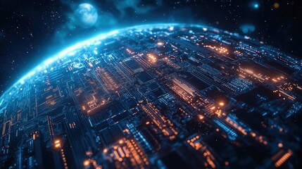 Futuristic Digital World with Circuit Patterns and Bright Lights in Deep Space Environment