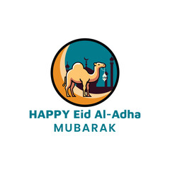 Eid Al-Adha Mubarak Greeting with Camel and Crescent Moon Illustration for Islamic Holiday Celebration