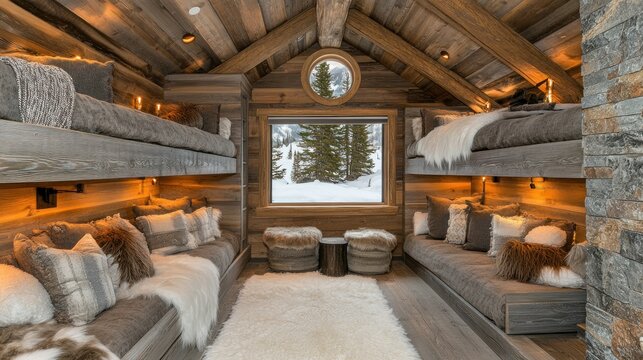 Rustic mountain chalet bunk room.  Cozy bunk beds, plush seating, warm wood, and stunning mountain views