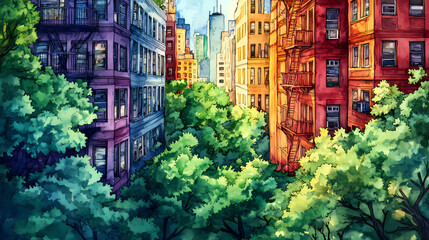 A vibrant watercolor depiction of city buildings surrounded by lush green trees, blending nature with urban life. [Urban Beasts] | Subway Pride | underground lions. Illustration