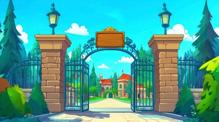 Fototapeta premium Open school gate, sunny campus, classic architecture