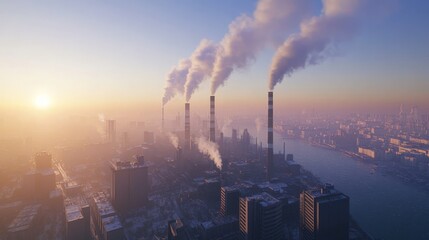 Industrial Cityscape at Sunrise with Smokestacks Emitting Pollution Over River and Buildings