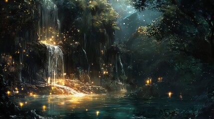 Enchanted Waterfall: A Serene Night Scene in a Magical Forest