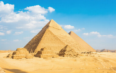 Majestic Giza Pyramids in Desert Under Clear Blue Sky 