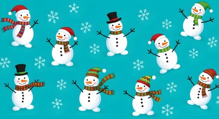 Christmas Background: Snowman Cartoon Illustration with Snowflakes on Blue Background