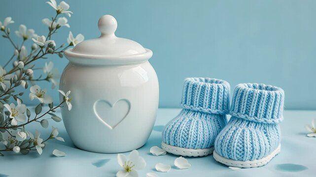 Blue knitted baby booties beside white jar on blue background  