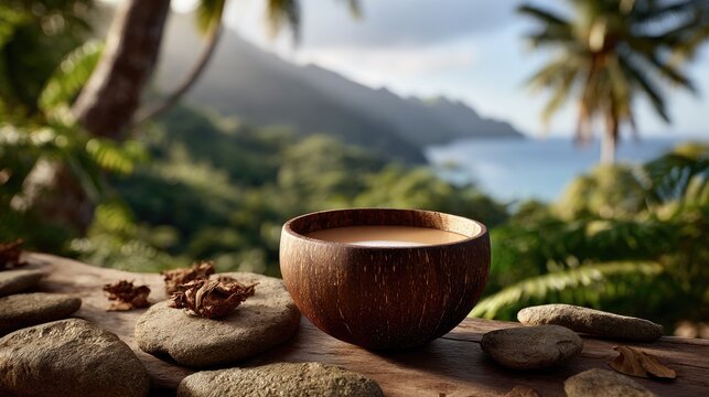 A traditional kava bowl resting on a wooden surface, surrounded by small stone slabs and tropical leaves