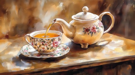 Fototapeta premium Vintage Afternoon Tea Still Life Artistic Impression of Flowing