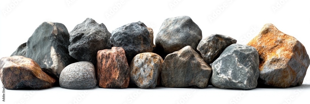 Poster collection of various natural rocks in different shapes and sizes on a white background