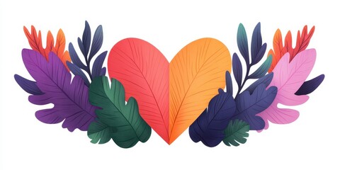 Fototapeta premium Colorful heart leaves botanical abstract illustration. Decorative love nature arrangement. Floral element, abstract art, creative design, modern greeting, romantic pattern, vibrant background.