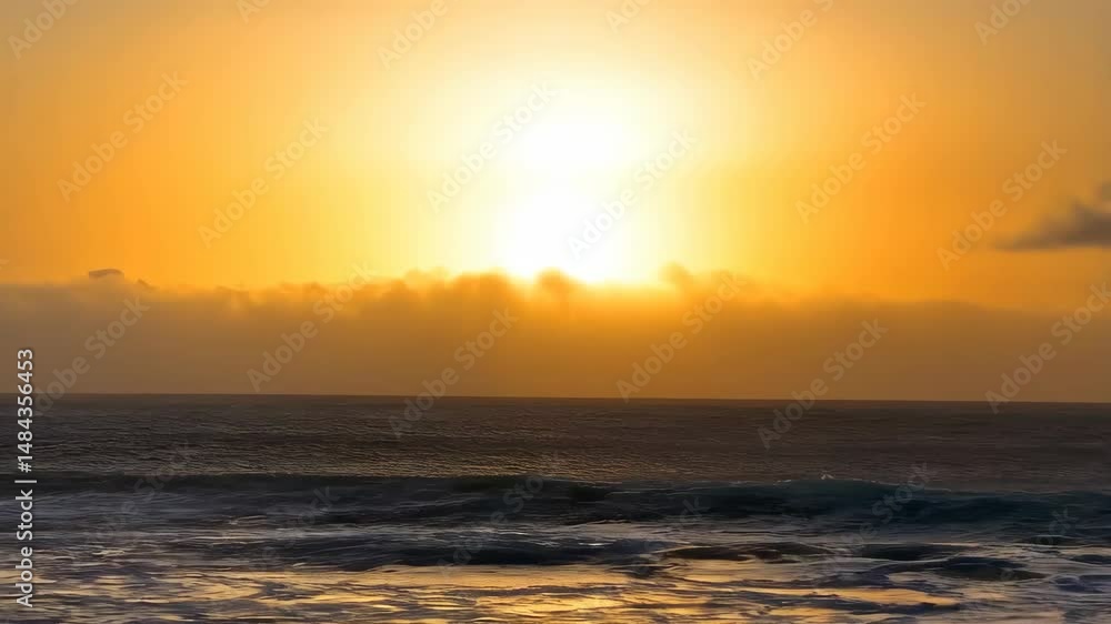 Poster dramatic golden sunset over the open ocean with visible waves crashing and a cloudy horizon in an at