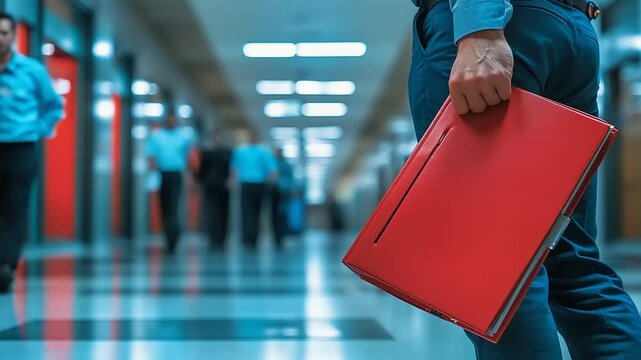 Businessman carrying red folder in busy hallway