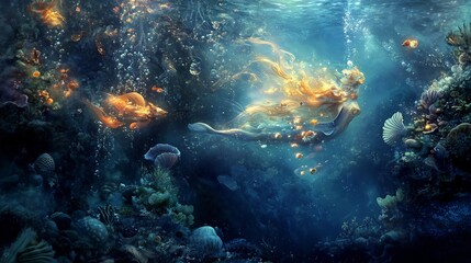 Obraz premium Golden Mermaid's Enchanting Underwater Realm: A Dreamlike Fantasy