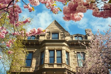 A historic building with intricate stonework, framed by blooming trees in spring