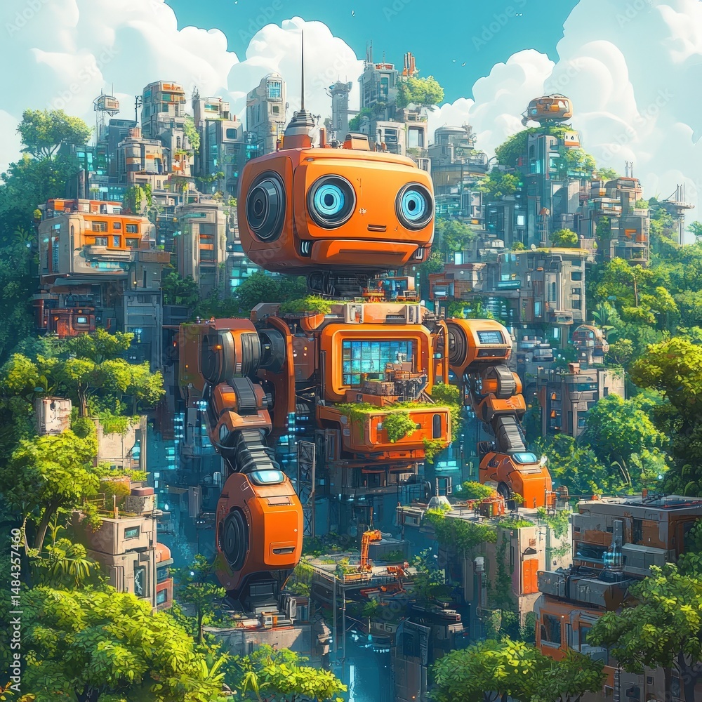 Poster futuristic robot surrounded by lush greenery in a high-tech urban landscape with vibrant colors and 