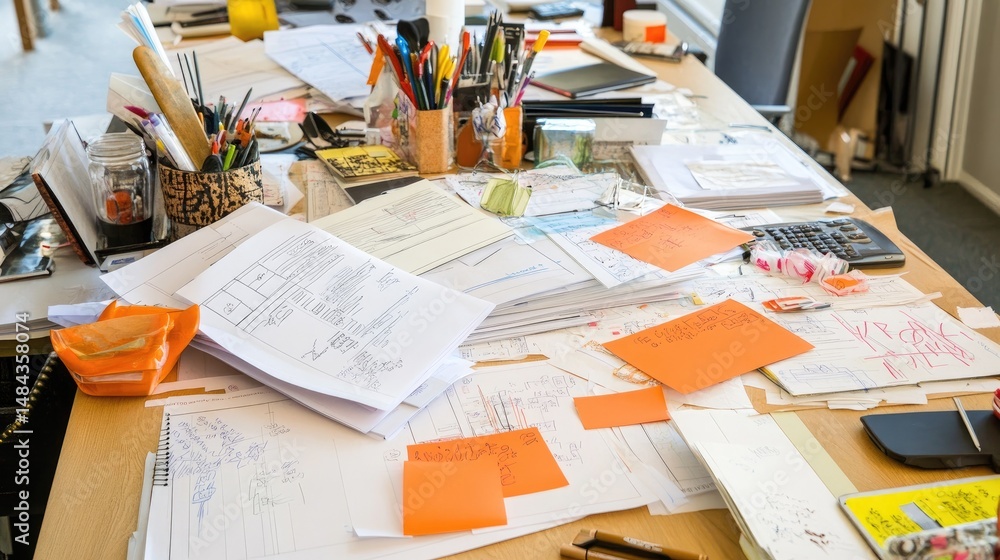 Poster blueprint documents spread across collaborative desk with marked revision notes