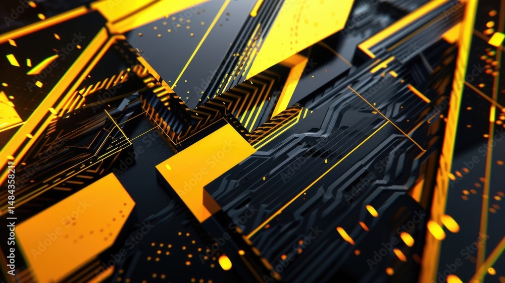 Poster abstract of gold light mix with black color futuristic circuit theme. electrical glowing particle co