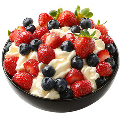 Obraz premium Delicious dessert strawberries blueberries and cream in bowl close up view isolated on transparent background png