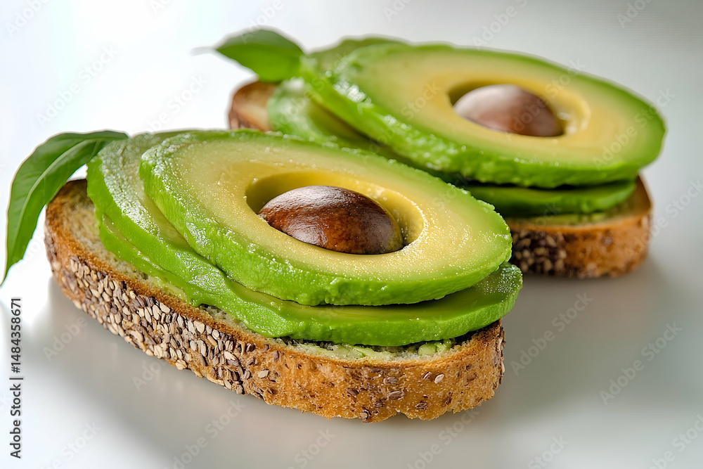 Poster two slices of toast topped with layered avocado slices.