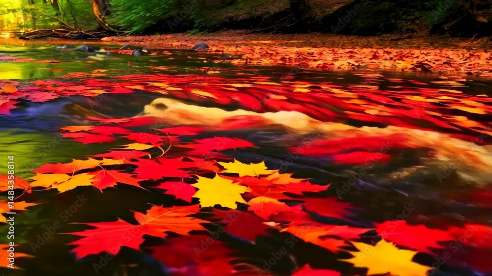 Poster autumn maple leaves floating in a stream within a lush forest during the vibrant fall season creatin