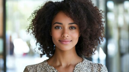 A young woman with curly hair, wearing a patterned top, standing in a modern, minimalist setting with a glass wall.