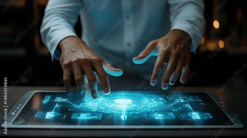Poster a man is using a tablet to interact with a blue screen. the blue screen is filled with various icons