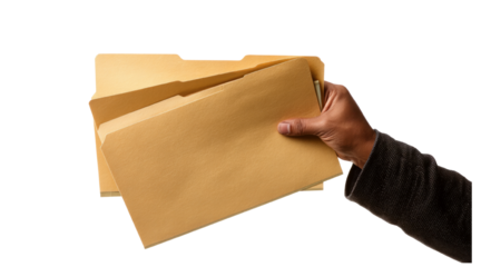 Hand holding a stack of manila file folders isolated on a transparent background