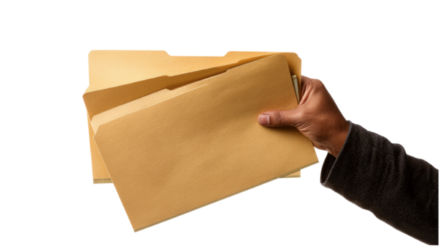 Hand holding a stack of manila file folders isolated on a transparent background